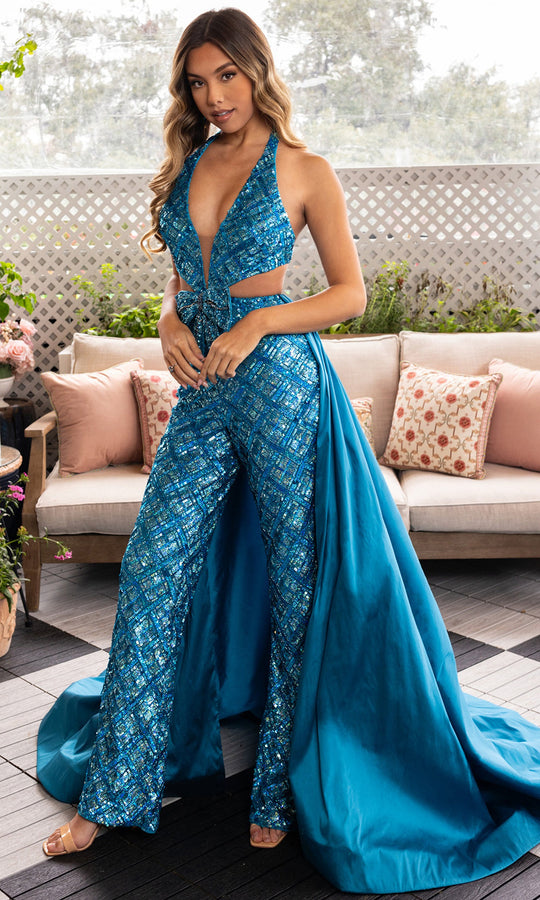 Rachel Allan 50375 - Plaid Sequin Plunging Halter Jumpsuit