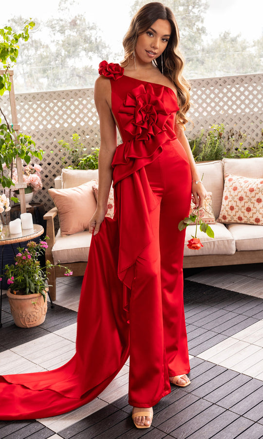 Rachel Allan 50387 - Ruffled One Shoulder Satin Jumpsuit