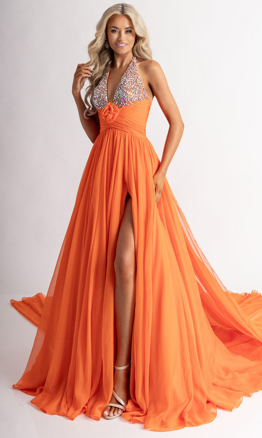 Rachel Allan 50392 - Halter Neck A-Line Evening Gown with Slit