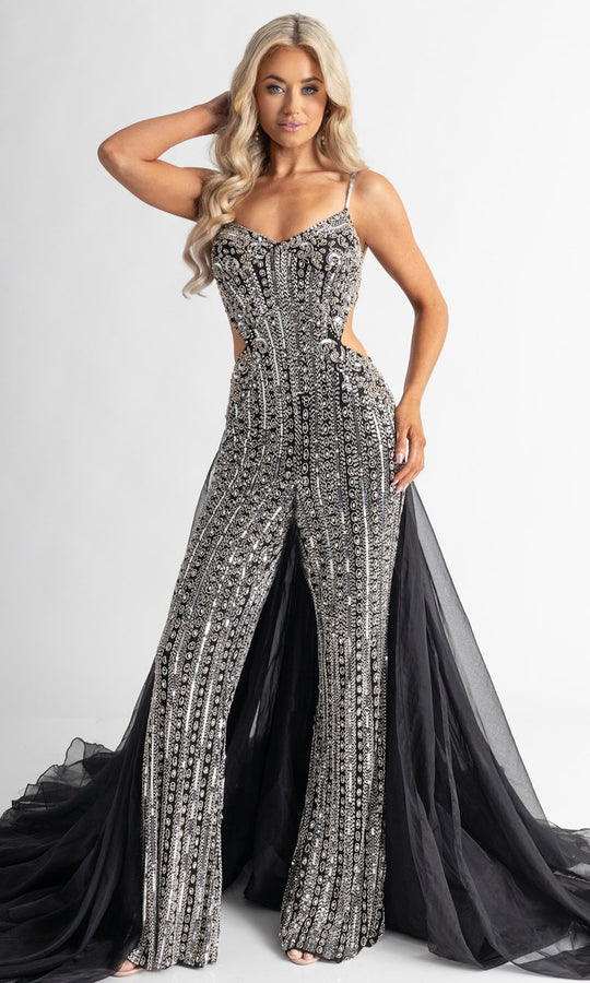 Rachel Allan 50400 - V-Neck Beaded Jumpsuit with Side Cutouts