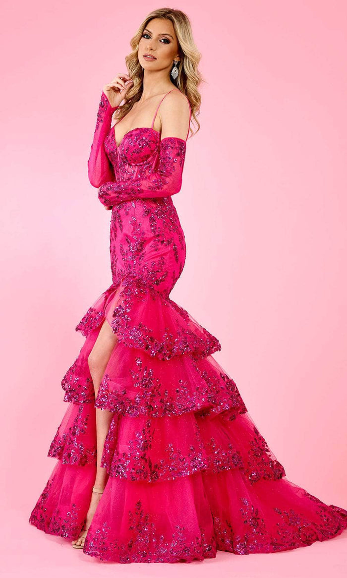 Rachel Allan 70614 - Glitter Appliqued Mermaid Prom Gown Prom Dresses 00 / Fuchsia