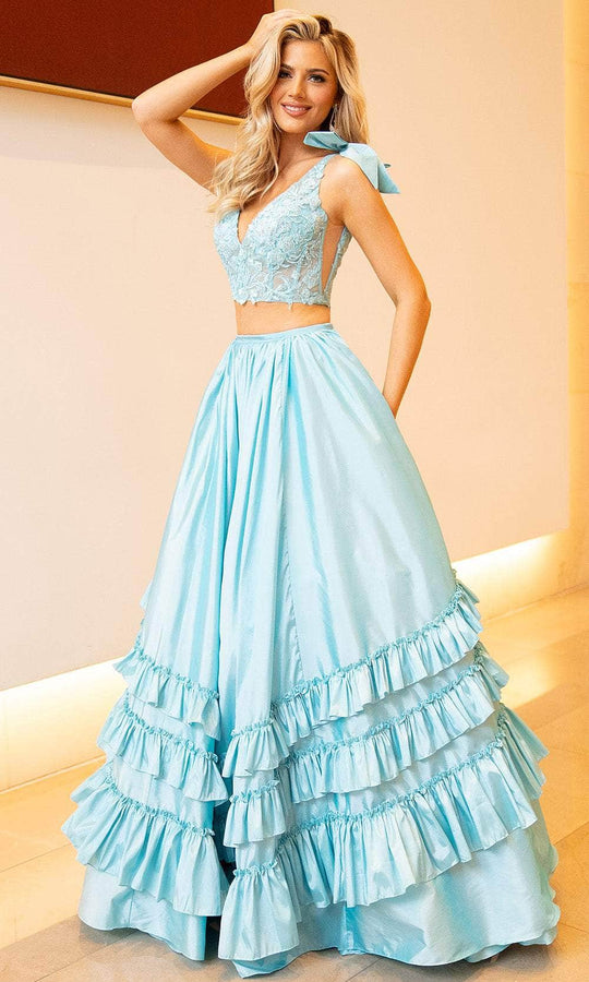 Rachel Allan 70718 - Two-Piece V-Neck Gown with Ruffled Skirt