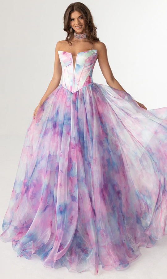 Rachel Allan 71069 - Strapless Watercolor Print Ballgown