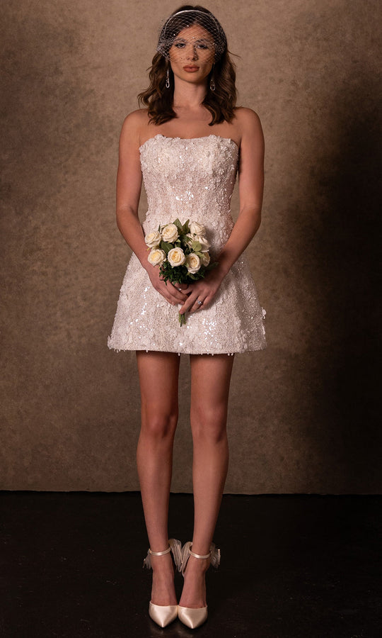 Rachel Allan RB1000 - Strapless Appliqued Mini Bridal Dress