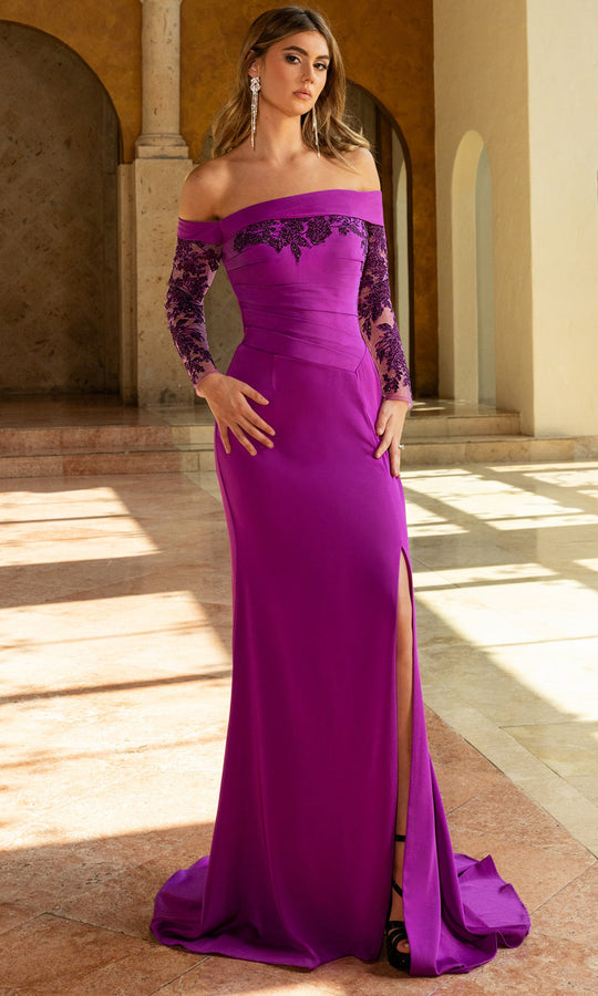 Rachel Allan RB8213 - Off Shoulder Lace Sleeve Evening Gown