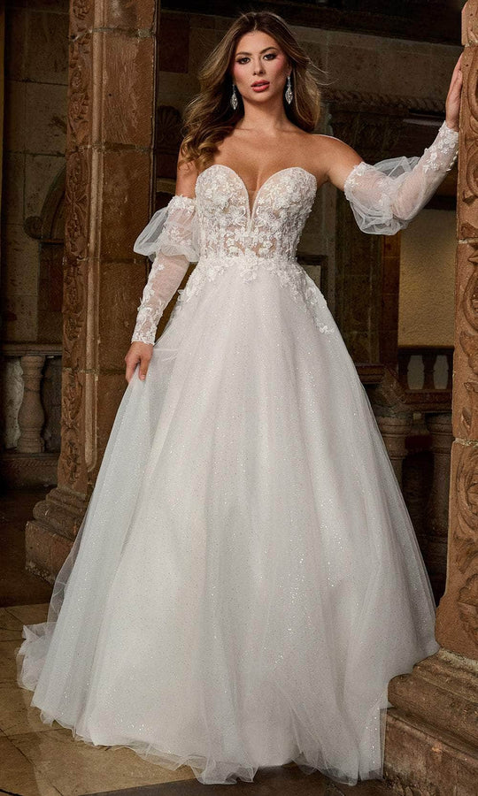 Rachel Allan RB3212 - Floral Appliqued A-Line Gown with Puff Sleeves