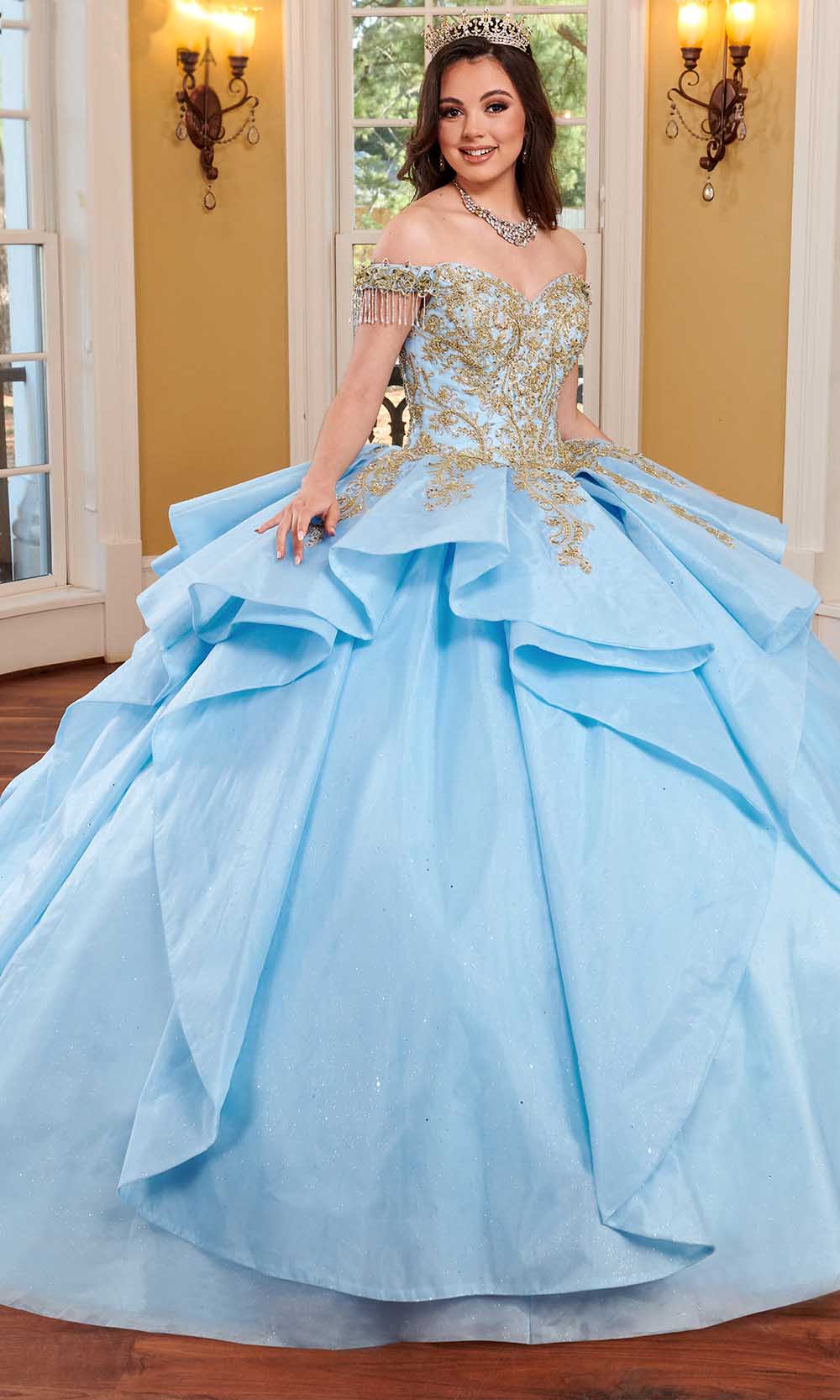 Rachel Allan RQ1117 Off Shoulder Layered Quinceanera Dress | FormalDressShops 20 / Light Blue Gold Rachel Allan RQ1117 Off Shoulder Layered Quinceanera Dress | FormalDressShops 20 / Light Blue Gold