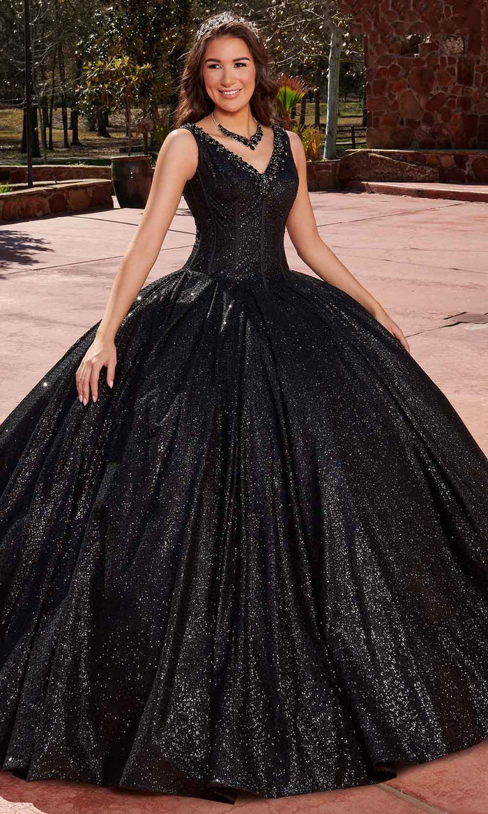 Rachel Allan RQ1127 - Embellished V-Neck Quinceanera Ballgown Ball Gowns 0 / Black