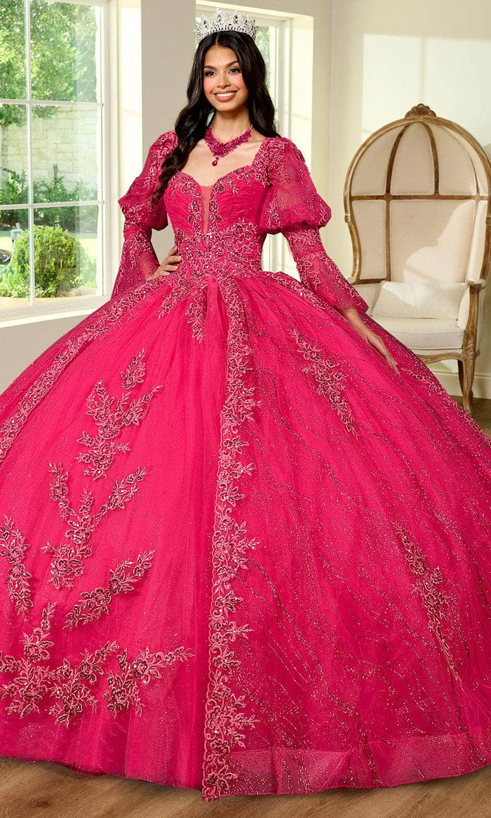 Rachel Allan RQ1135 - Bubble Sleeve Sparkling Embroidered Ballgown Ball Gowns 0 / Bright Pink