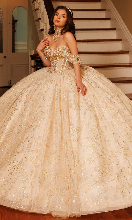 Rachel Allan RQ1192 - Beaded Floral Corset Sweetheart Gown