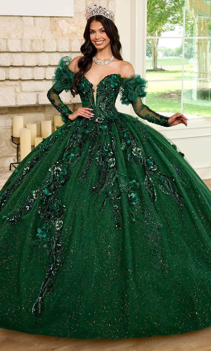Rachel Allan RQ2184 - Plunging Neck 3D Floral Embellished Ballgown Ball Gowns 0 / Emerald