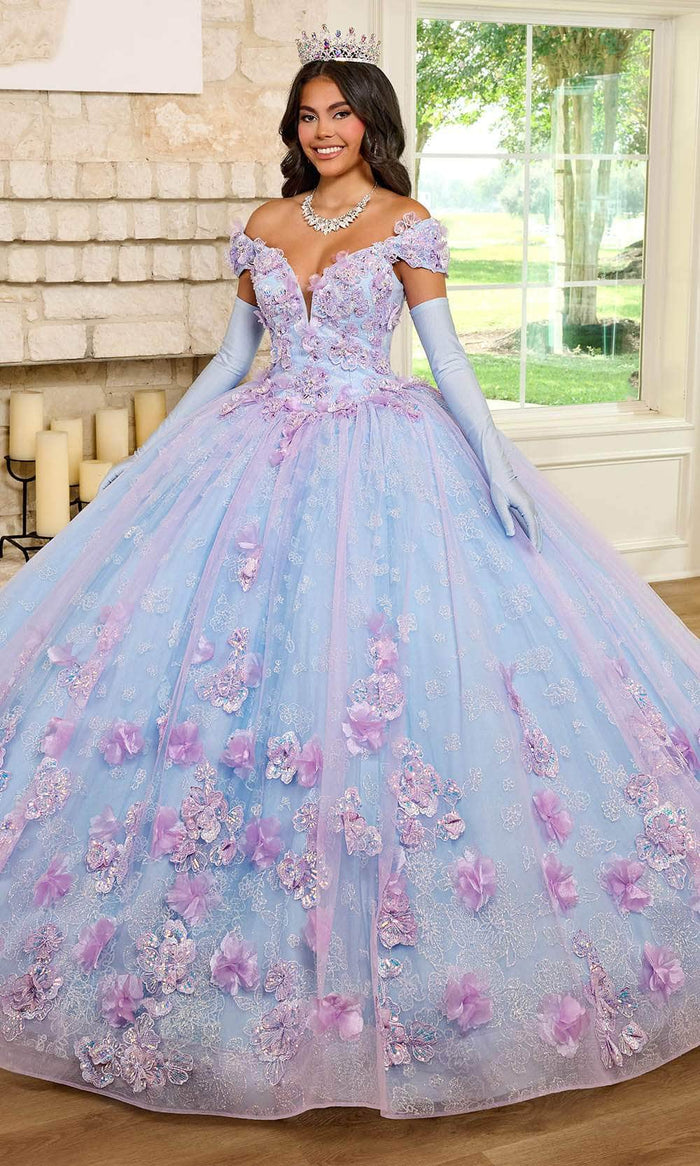 Rachel Allan RQ2190 - 3D Floral Embellished Plunging Neck Ballgown Ball Gowns 0 / Lilac Light Blue