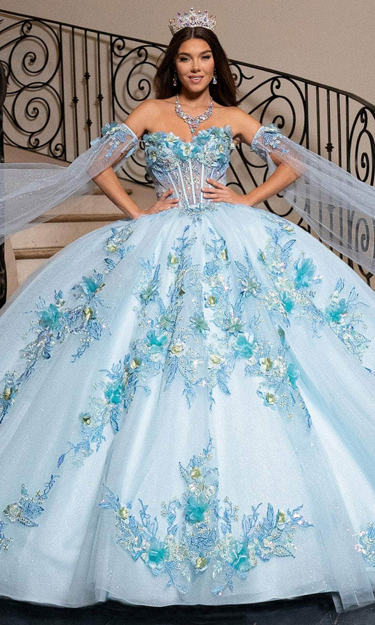 Rachel Allan RQ2216 - 3D Floral Applique Ballgown with Cape Sleeve