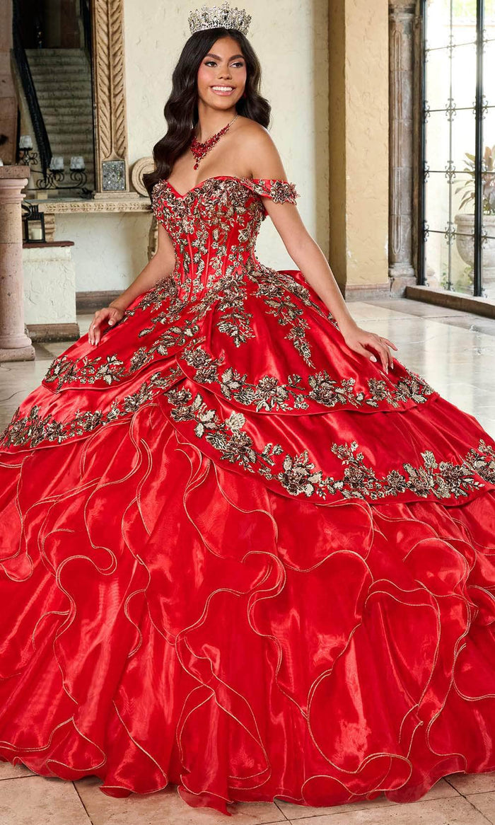 Rachel Allan RQ5001 - Embellished With Gold Applique Ballgown Ball Gowns 0 / Red Gold