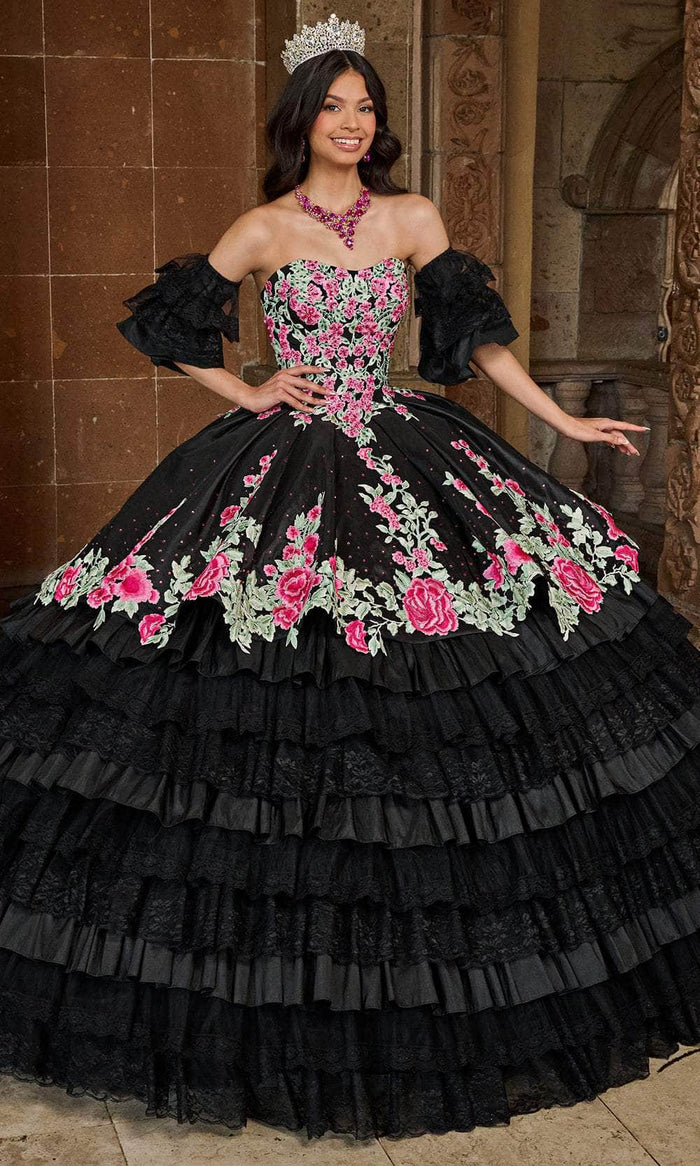 Rachel Allan RQ5002 - Floral Applique Strapless Ballgown Ball Gowns 0 / Black Multi