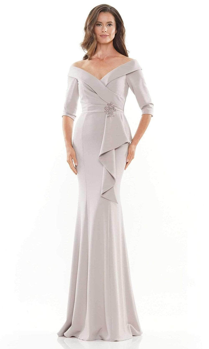 Rina Di Montella - RD2733 Brooch Accented Off-Shoulder Prom Gown Mother of the Bride Dresses 16 / Taupe