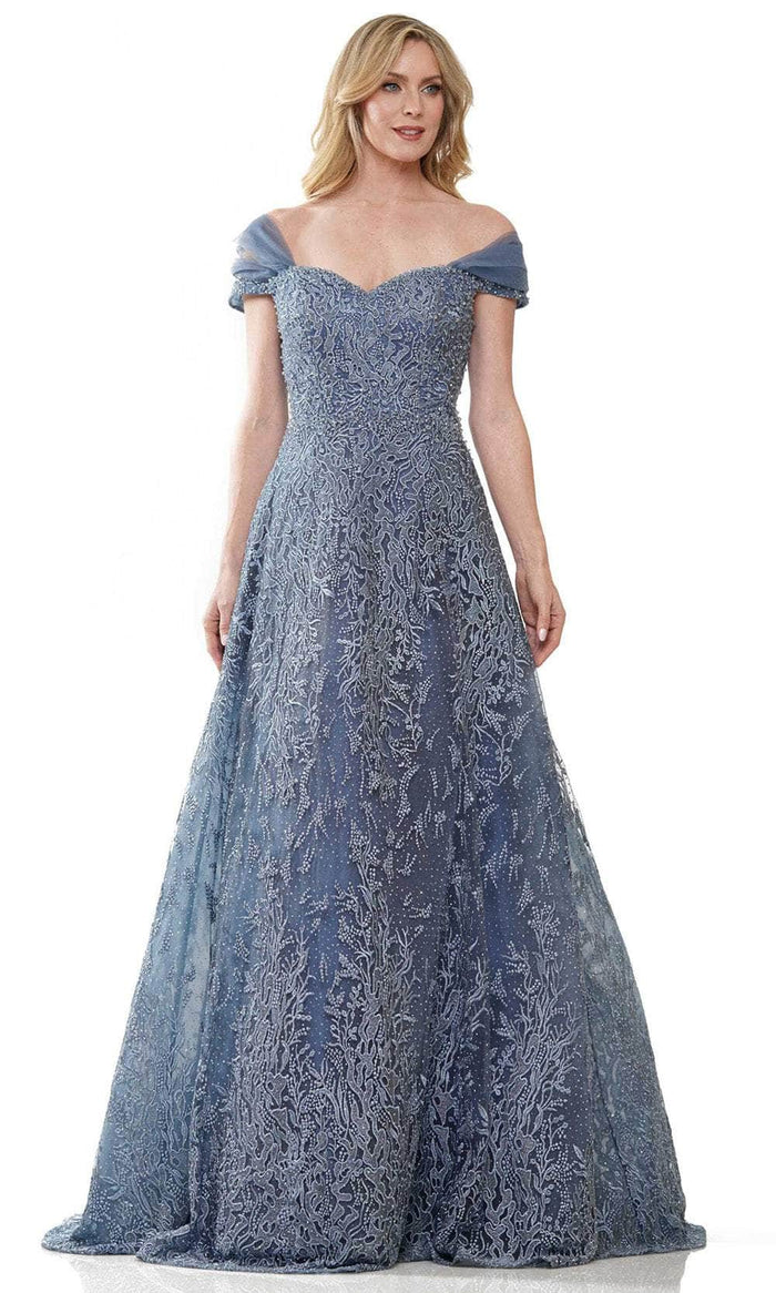 Rina di Montella RD2902 - Beaded Off-shoulder A-line Dress Prom Dresses 6 / Slate Blue