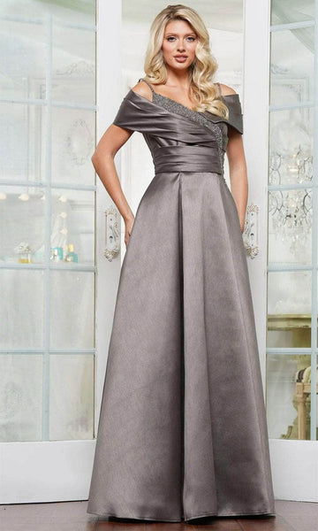Rina Di Montella RD3221 - Long Dupioni A-Line Dress - Pleated Wrap Bodice,  Beaded Spaghetti Straps, Midrise Back, Floor Length Hem  Couture Candy