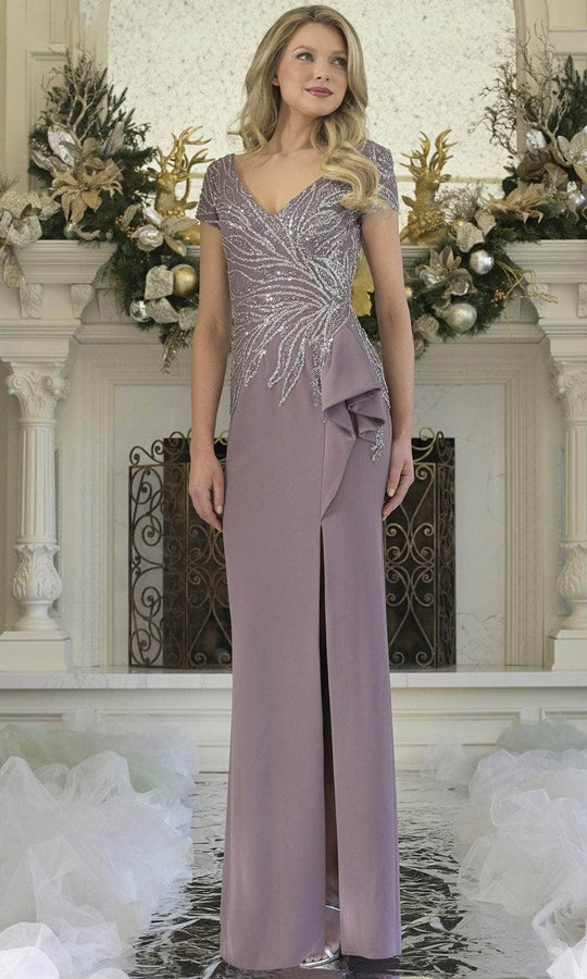 Rina Di Montella RD3323 - Beaded Bodice V-Neck Gown with Slit