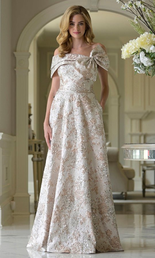 Rina di Montella RD3425 - Asymmetric Off Shoulder Brocade Gown