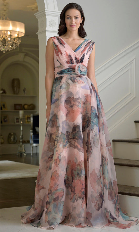 Rina di Montella RD3426 - V-Neckline Watercolor Print Gown