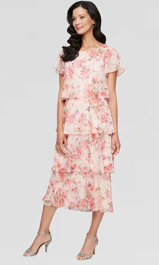 S.L. Fashions Dresses (SLNY) 9172116 - Floral Tea-Length Tiered Dress