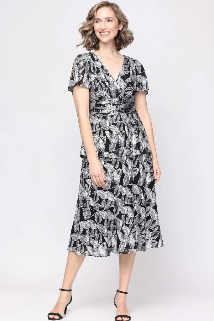 slny formal dresses Sl Fashions Women's Tea Length Foil-Print Flutter-Sleeve Dress - Black Silk Best Dressed