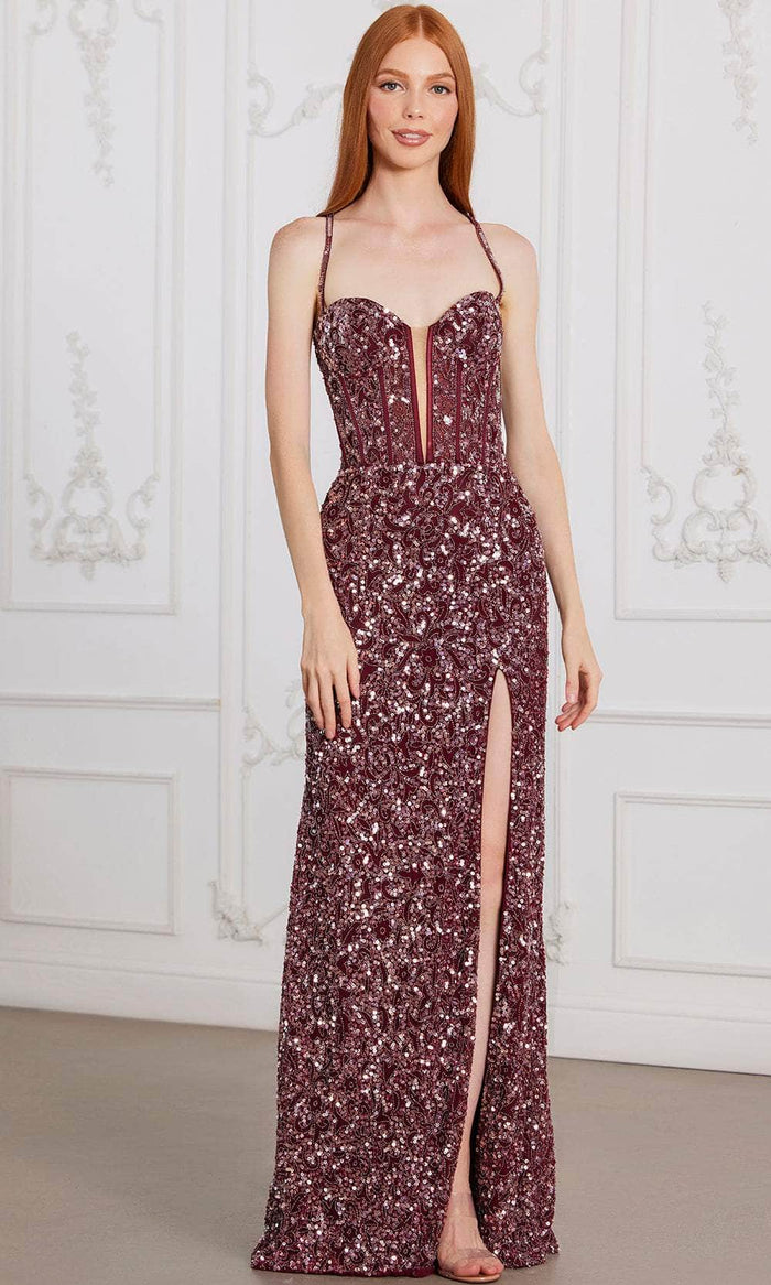 SCALA 80125 - Long Sheath Dress - Sleeveless, Thin Strap, Beaded, Sequin, High Slit, Strappy Open Back, Lace-Up Closure, Corset Boning Bodice 0 / Soft SCALA 80125 - Long Sheath Dress - Sleeveless, Thin Strap, Beaded, Sequin, High Slit, Strappy Open Back, Lace-Up Closure, Corset Boning Bodice 0 / Soft