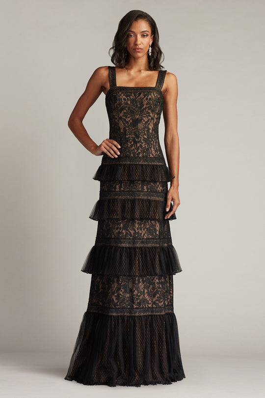 Tadashi Shoji CIK25362L - Ruva Tiered Ruffle Embroidered Evening Gown