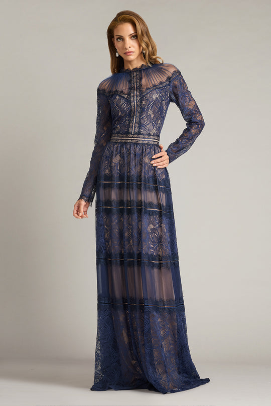 Tadashi Shoji CKI26361L - Long Sleeve Debore Orchid Lace Gown
