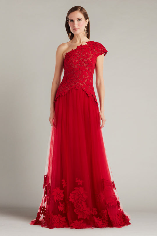 Tadashi Shoji CIN25509L - Marcelline One-Shoulder Laser-Cut Evening Gown