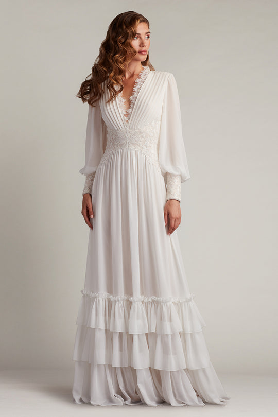 Tadashi Shoji YV25330L - Topanga Tiered Bishop Sleeve Evening Gown