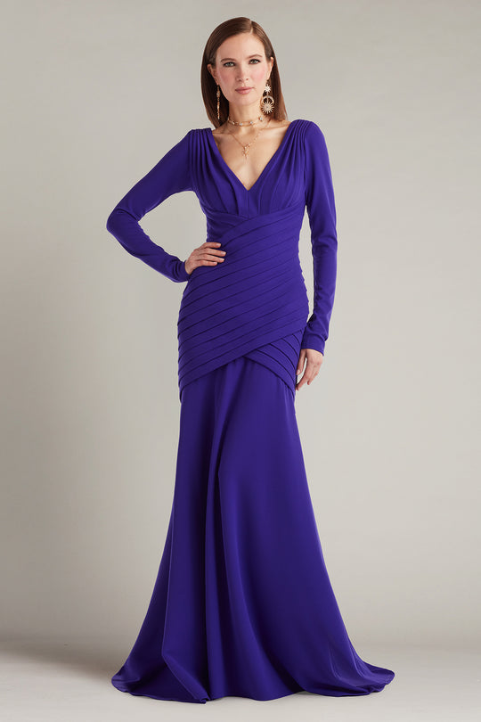 Tadashi Shoji BOS25694L - Keris Shutter-Pleated Crepe Long Sleeve Gown