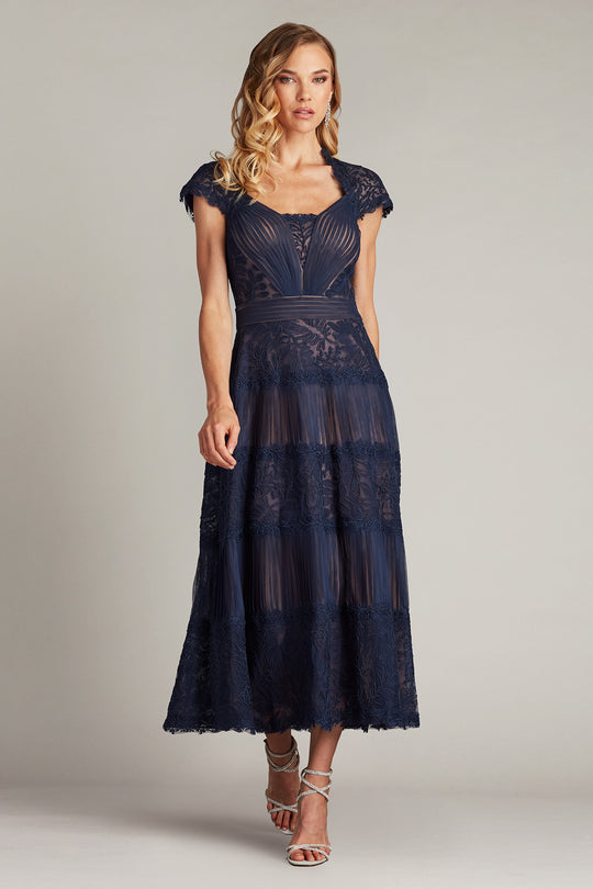 Tadashi Shoji CHU25418MD - Cap Sleeve Boette Lace Tea-Length Dress