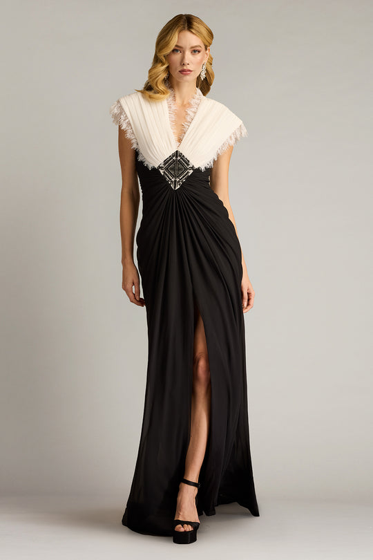 Tadashi Shoji YV25211L - V-Neckline Amelie Lace Trim Chiffon Gown