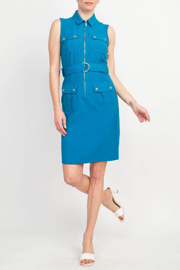 sharagano dress Notched Collar 3/4 Sleeve Solid Belted Stretch Crepe ruffled neckline and sleeve hems Sharagano Pleated Hem Shirtdress, 4