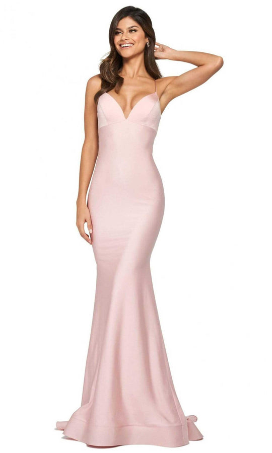 Sherri Hill - 53879 Deep V-Neck Mermaid Simple Prom Dress With Train