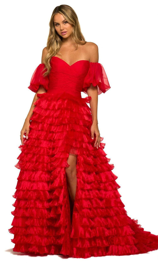 Sherri Hill 55428 - Strapless Tiered A-line Slit Gown