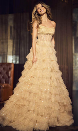 Rufflеd Tullе A-Linе Straplеss Gown