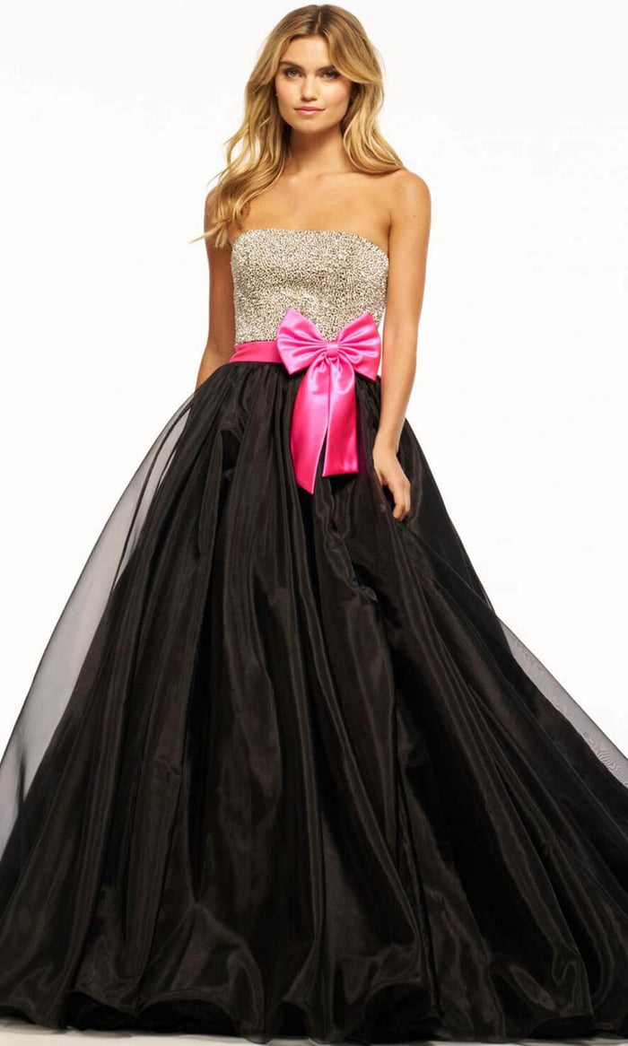 Sherri Hill 55956 - Strapless Bow Accent Ballgown Special Occasion Dress 000 / Black/Ivory/Fuchsia