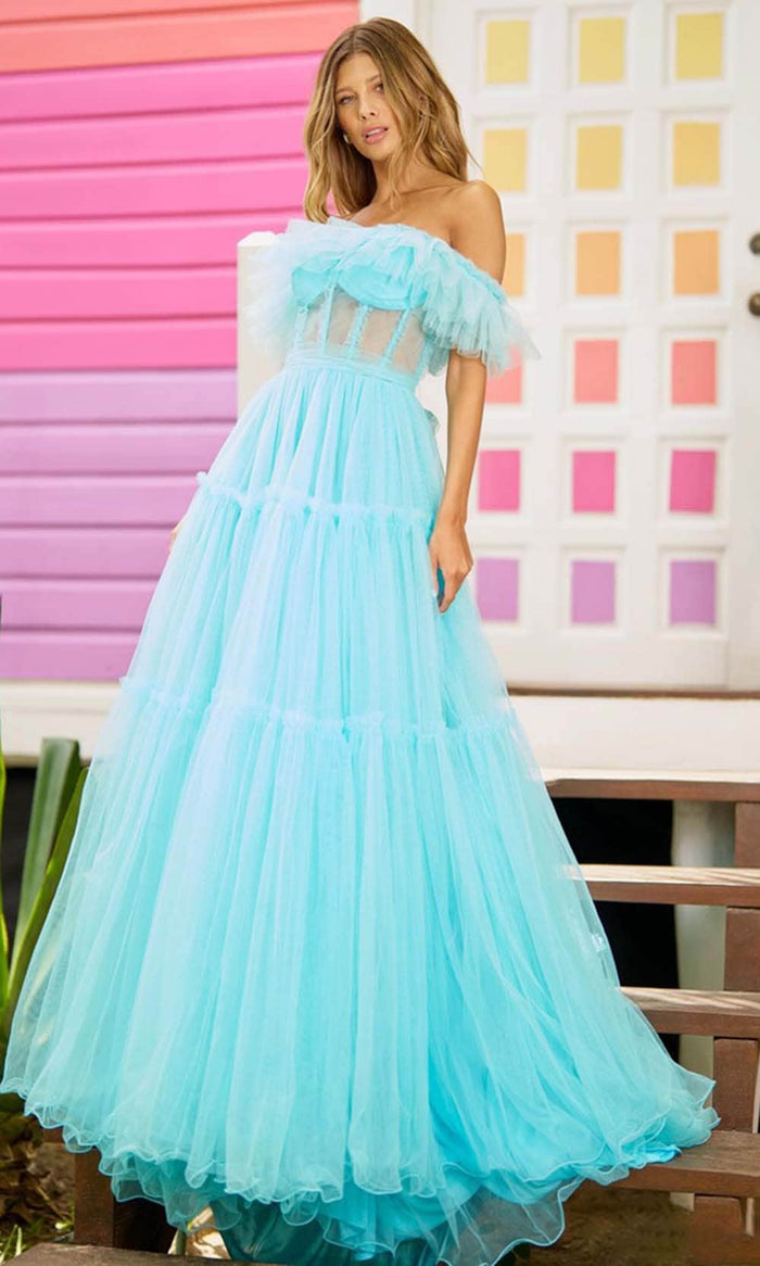 Sherri Hill 56068 - Corset Tiered Prom Dress Special Occasion Dress 000 / Aqua