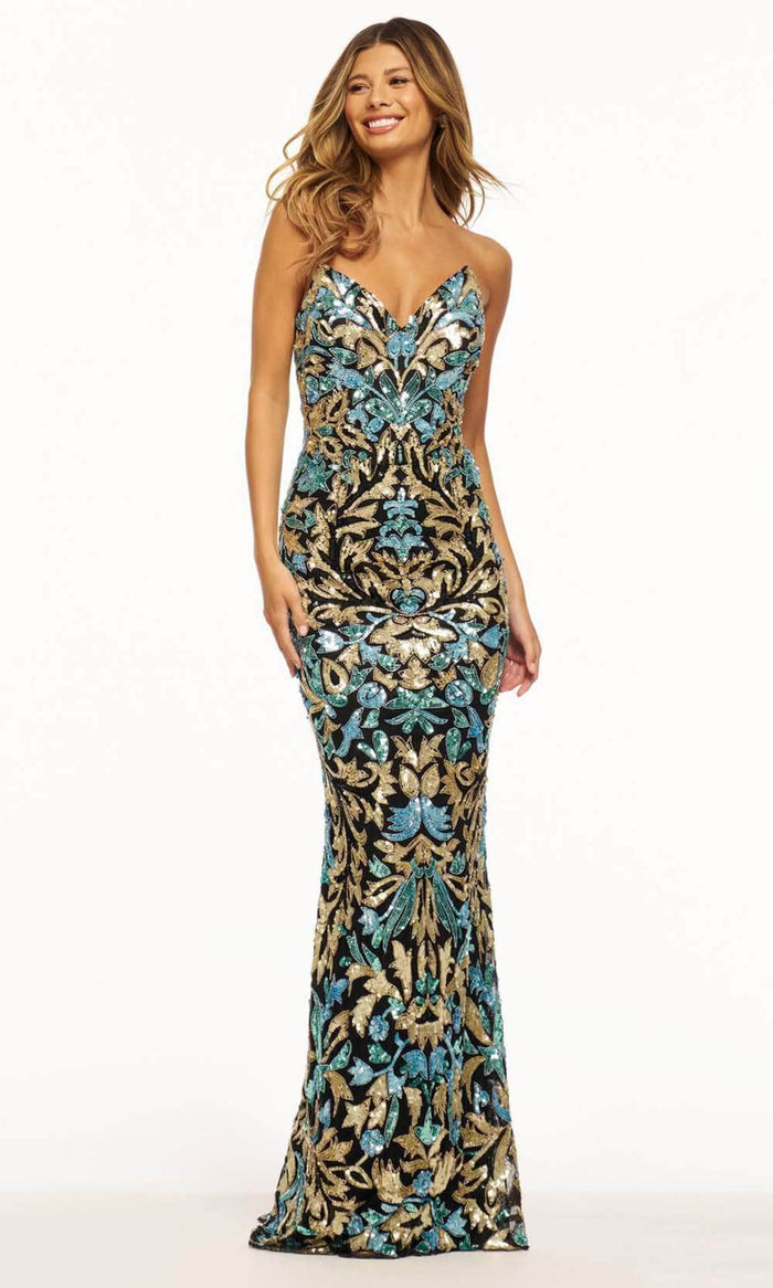 Sherri Hill 56080 - Deep V-Neck Fitted Prom Gown Evening Dresses 000 / Black/Gold/Light Blue
