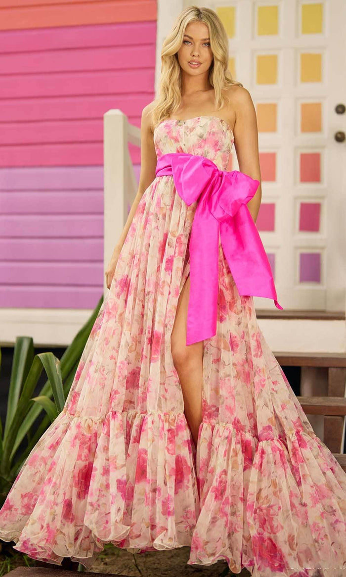 Sherri Hill 56110 - Taffeta Bow Floral Gown Evening Dresses 000 / Hot Pink/Yellow