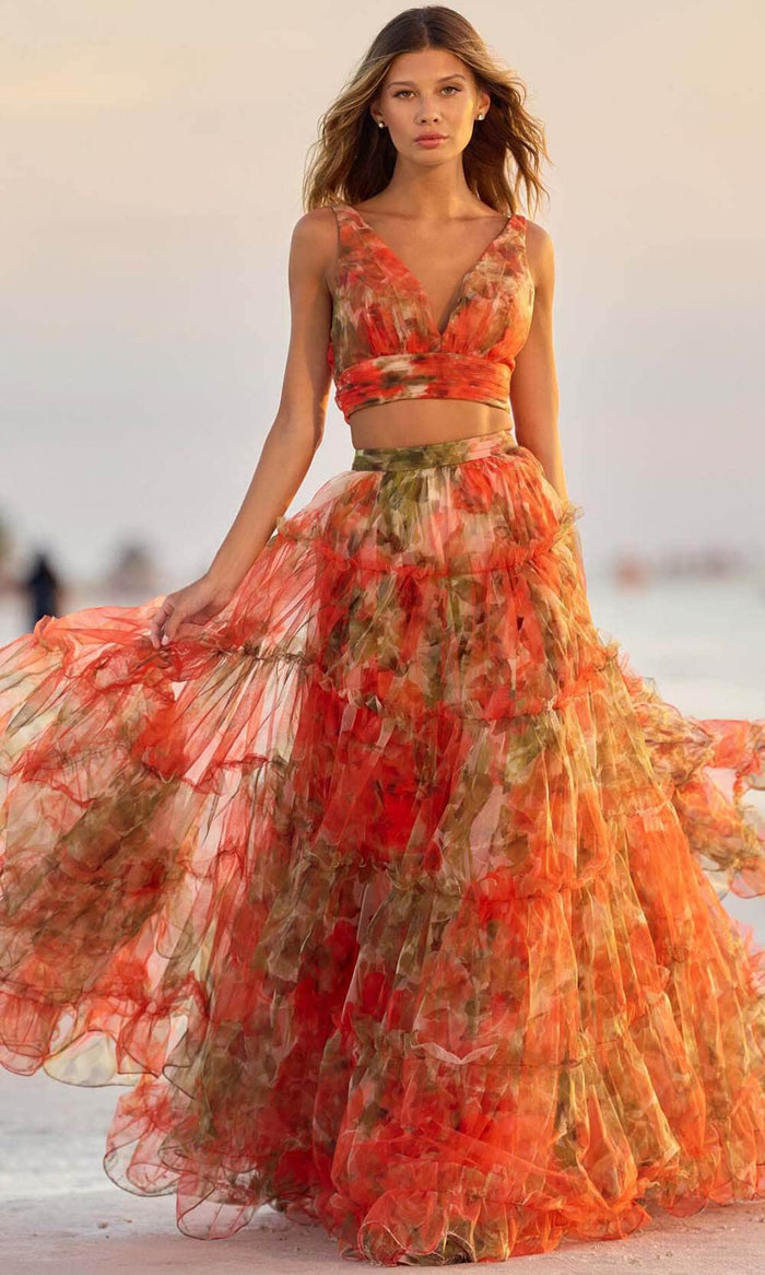 Sherri Hill 56151 - Two-Piece Floral Gown Special Occasion Dress 000 / Orange Print