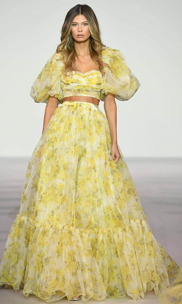 Sherri Hill 56378 - Puff Sleeve Floral Gown Evening Dresses 000 / Yellow Rose