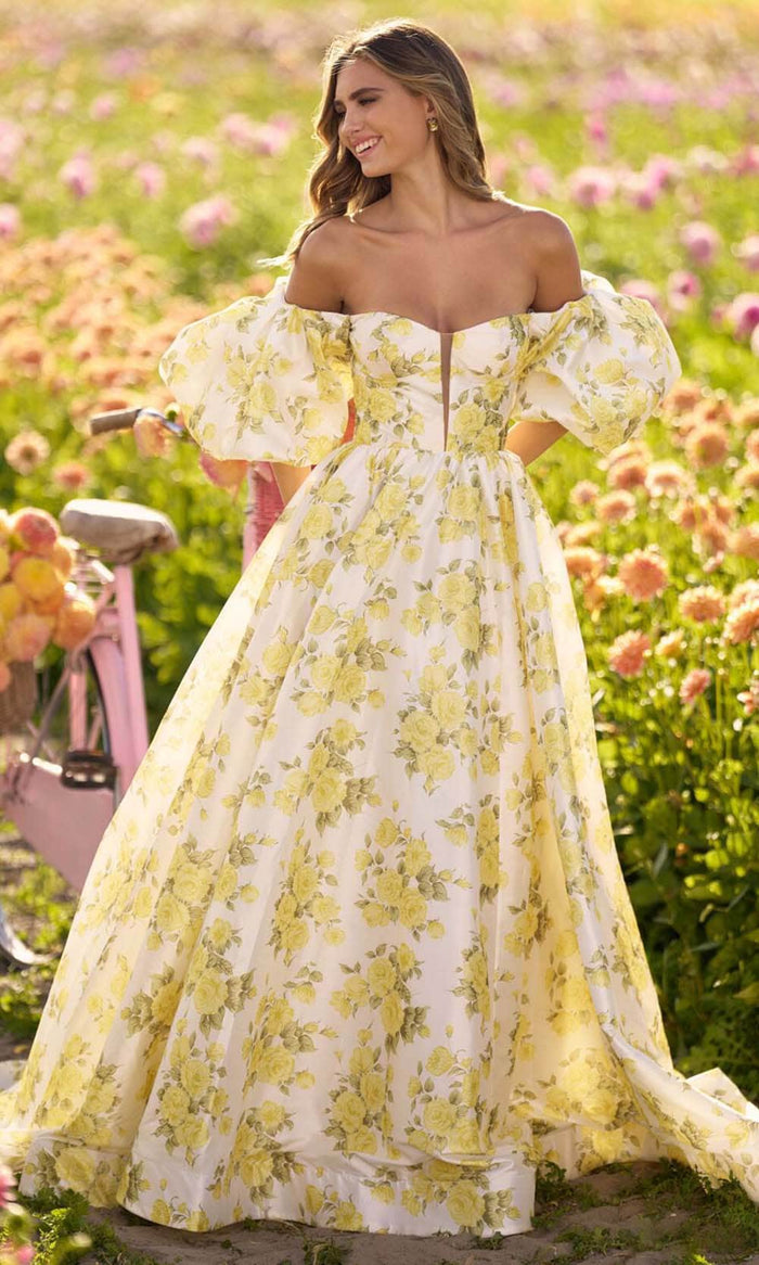 Sherri Hill 56379 - Floral Print Ballgown Evening Dresses 000 / Yellow Rose