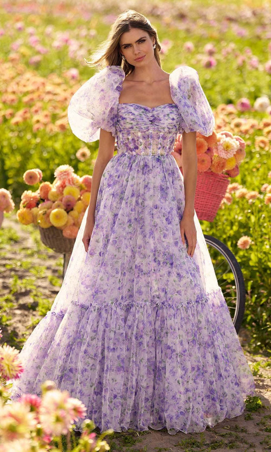 Sherri Hill 56381 - Puff Sleeve Floral Print Gown