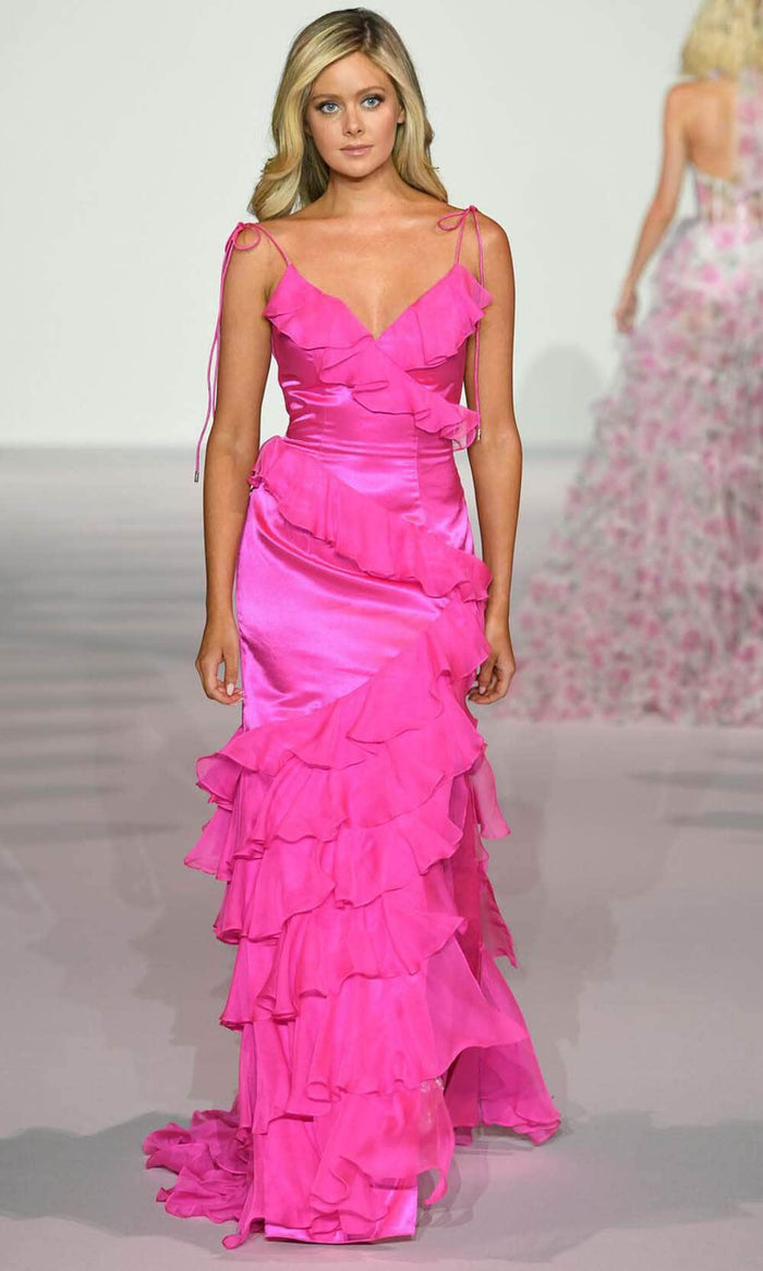 Sherri Hill 56394 - Ruffled V-Neck Prom Gown Evening Dresses 000 / Bright Pink