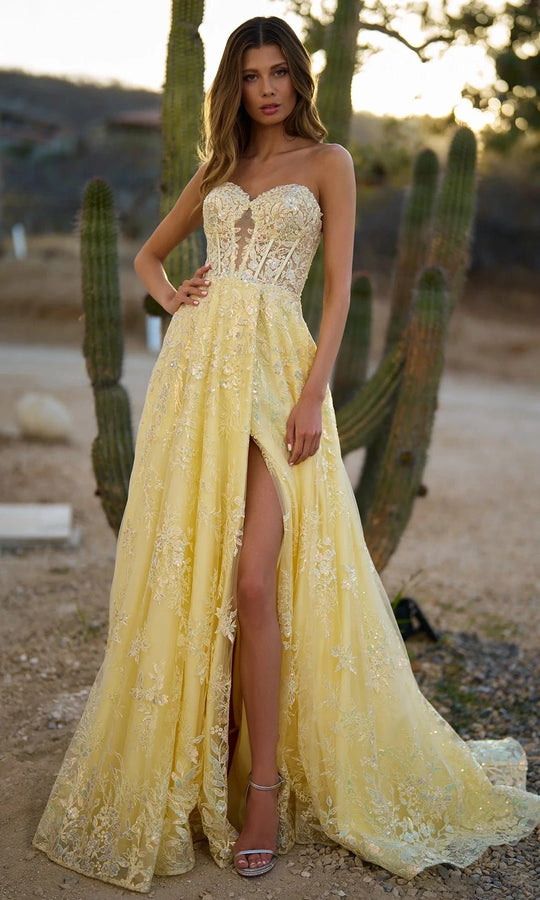 Sherri Hill 56577 - Lace Corset Gown with High Slit