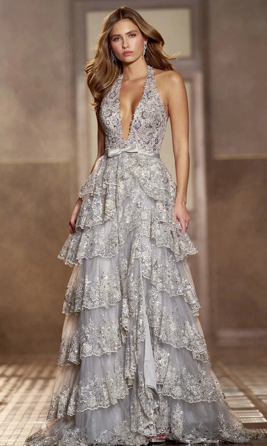 Sherri Hill 56706 - Plunging Halter Beaded Lace Gown